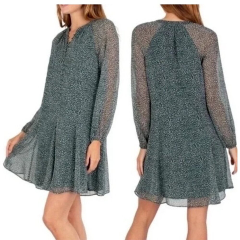 Joie Silk Dress XL Extra Large Green Cream Black Long Sleeve Washable